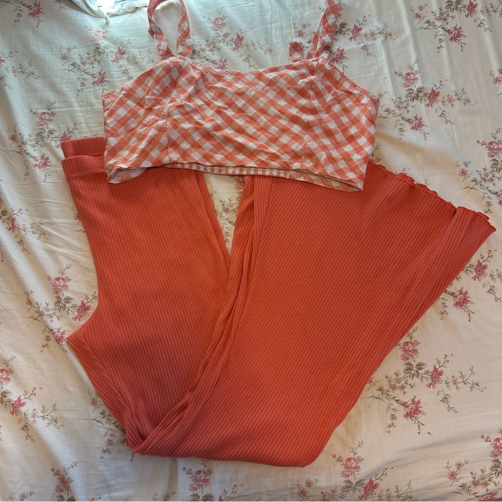 Gingham Checkered Top and Ribbed Pants Set - Orange